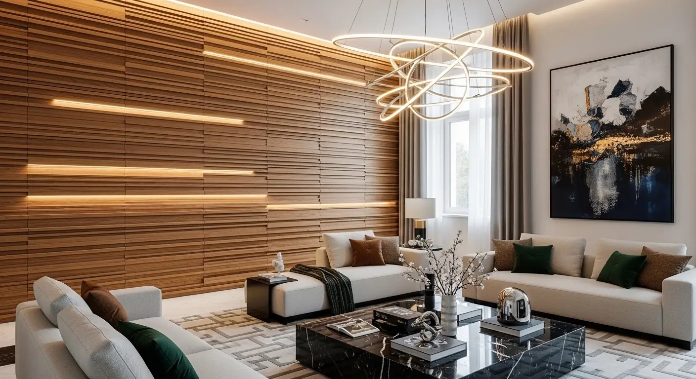 Living room with 3D wooden slat wall design and modern lighting