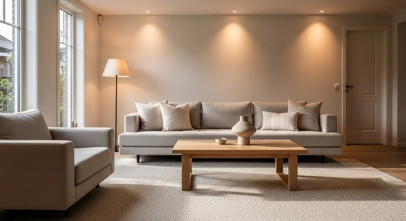 Handwoven rug in minimalist modern living room