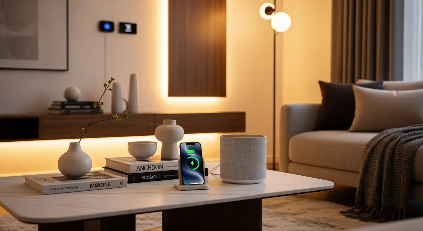 Aesthetic smart speaker and minimal tech setup on coffee table