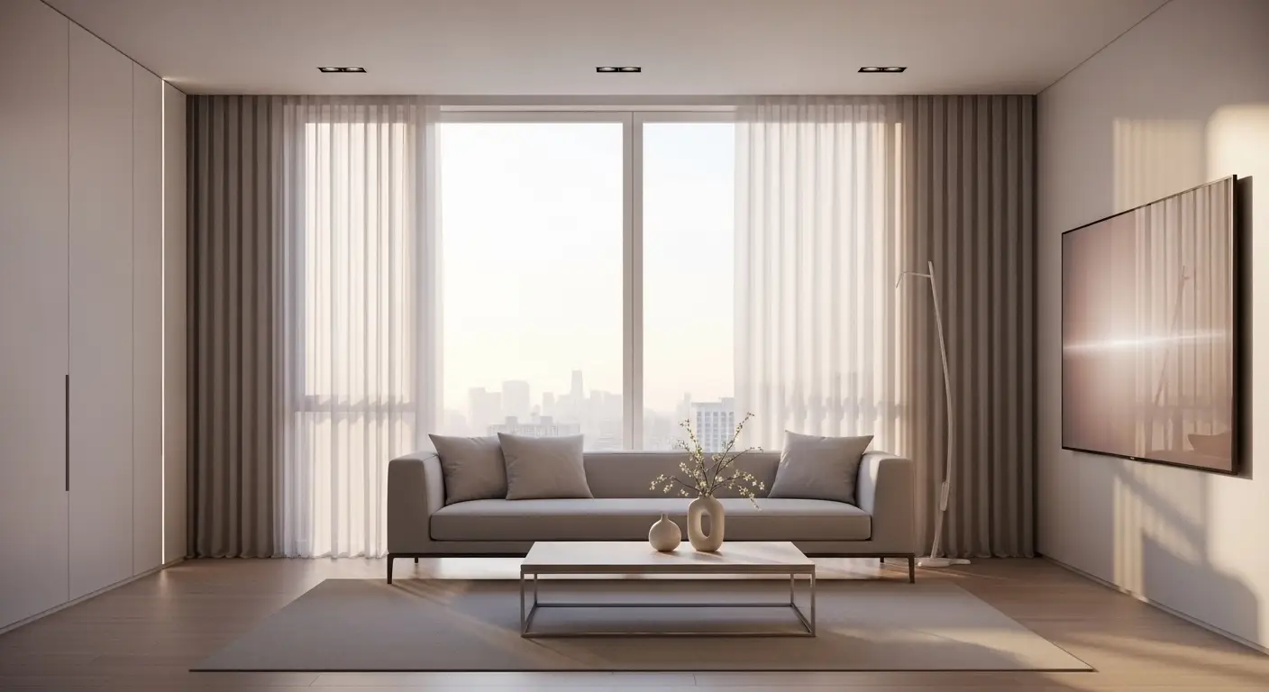 Automated curtains opening in bright modern living room