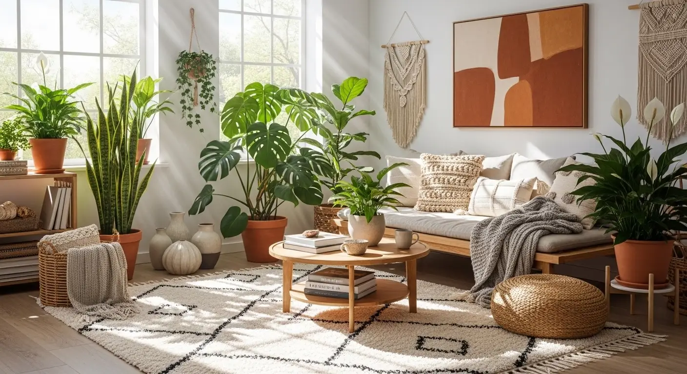 Bright living room filled with indoor plants like monstera and snake plants