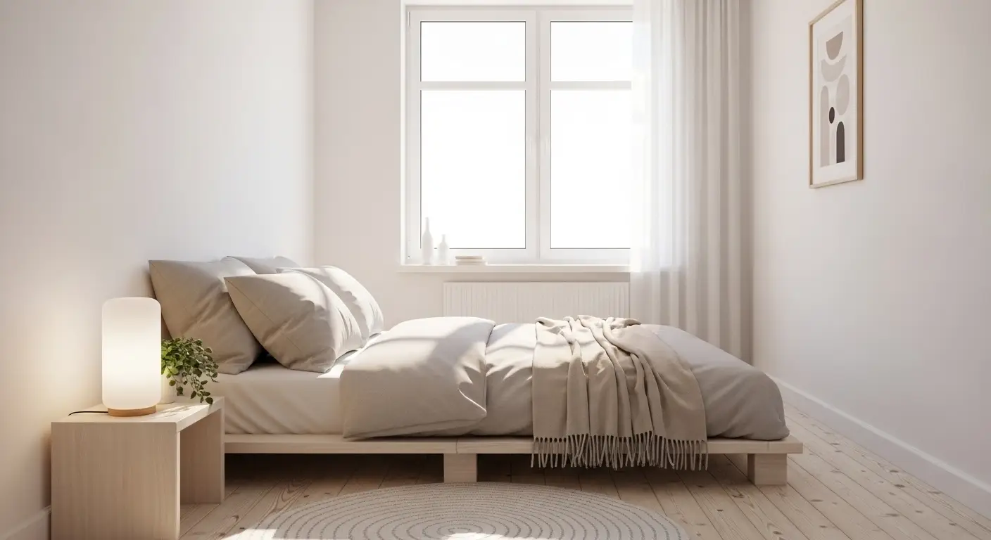 Bright minimalist small bedroom with white walls and soft neutral bedding