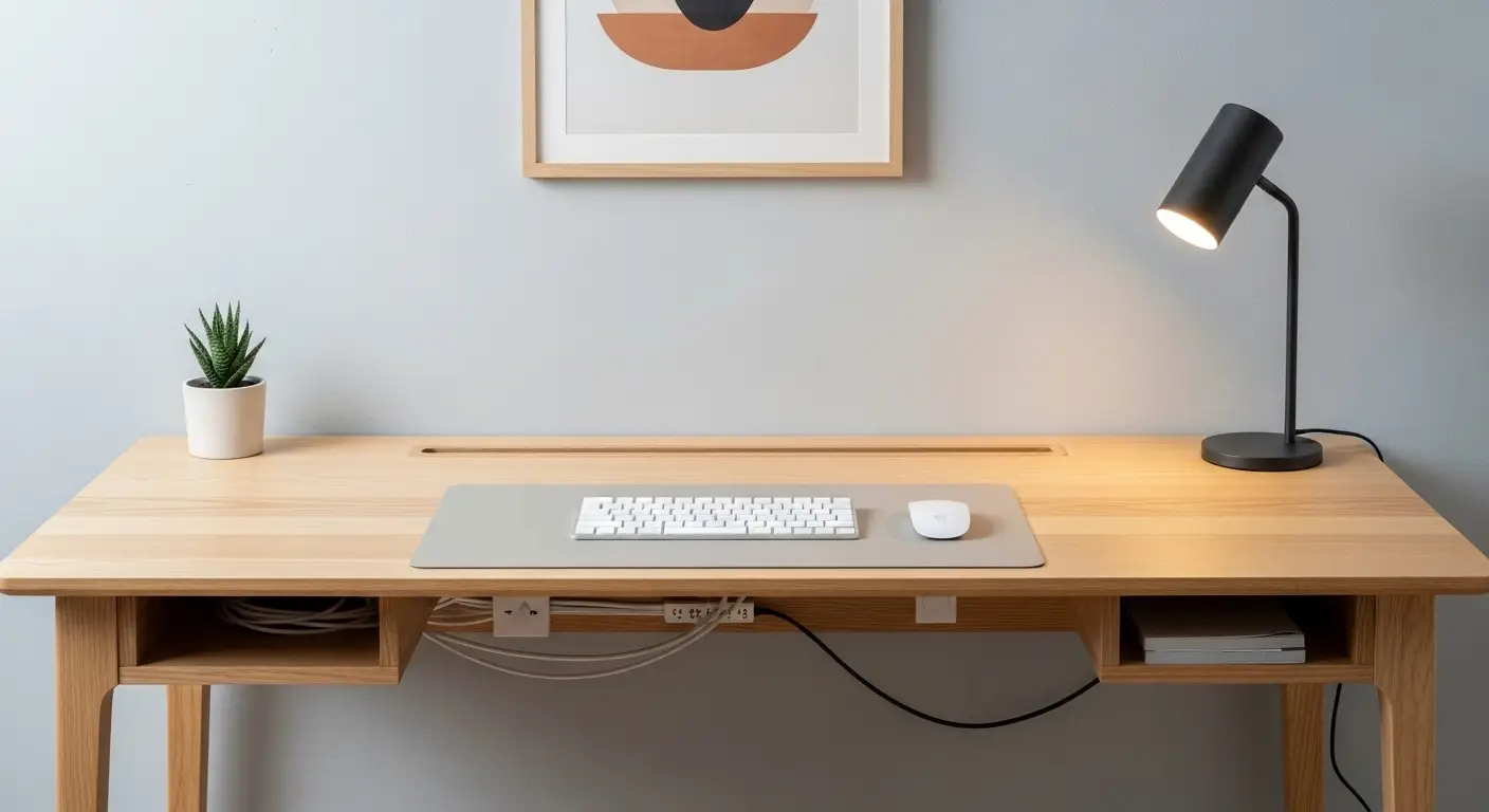 Clean desk with hidden cables and organized cable tray underneath
