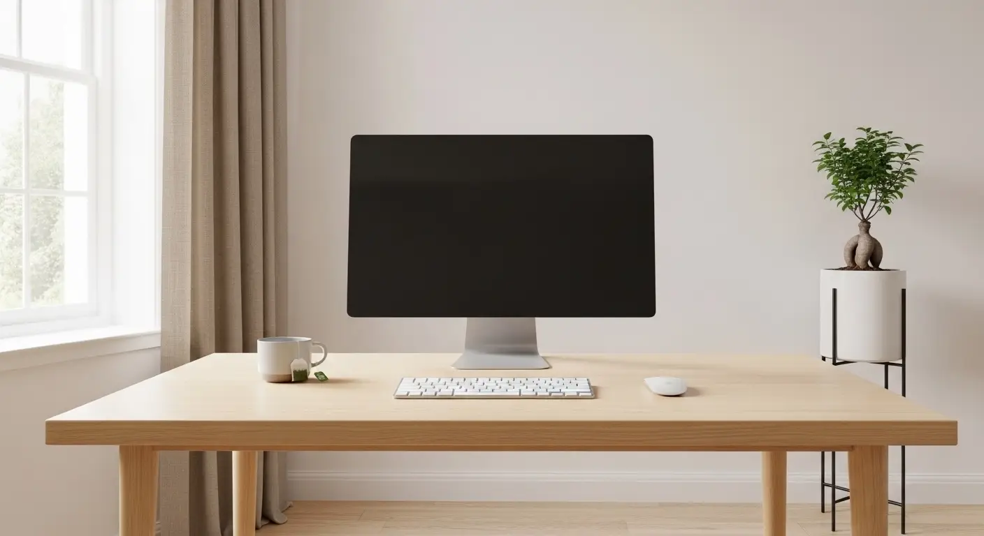 Clean Japandi workspace with minimal accessories and open desk space