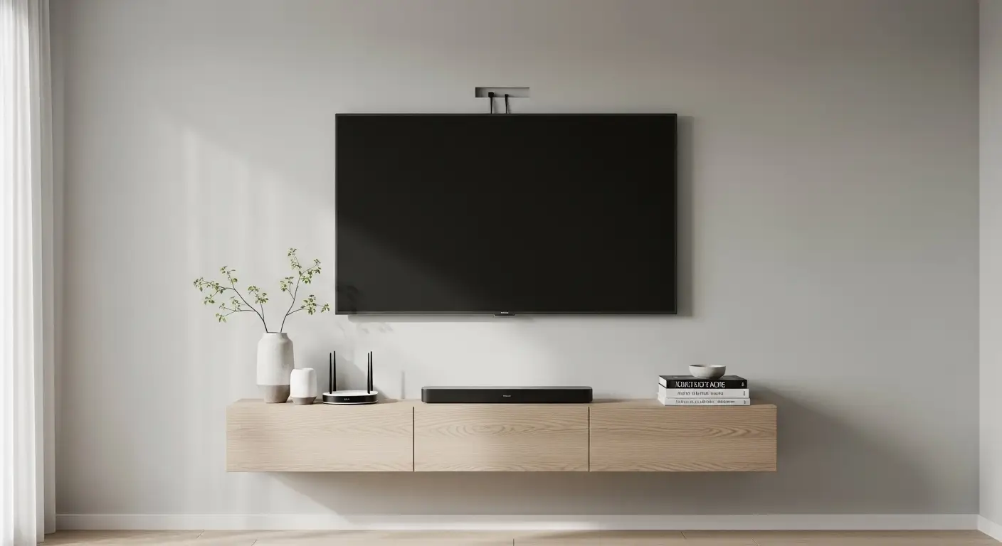 Clean TV wall with hidden cables and floating shelf