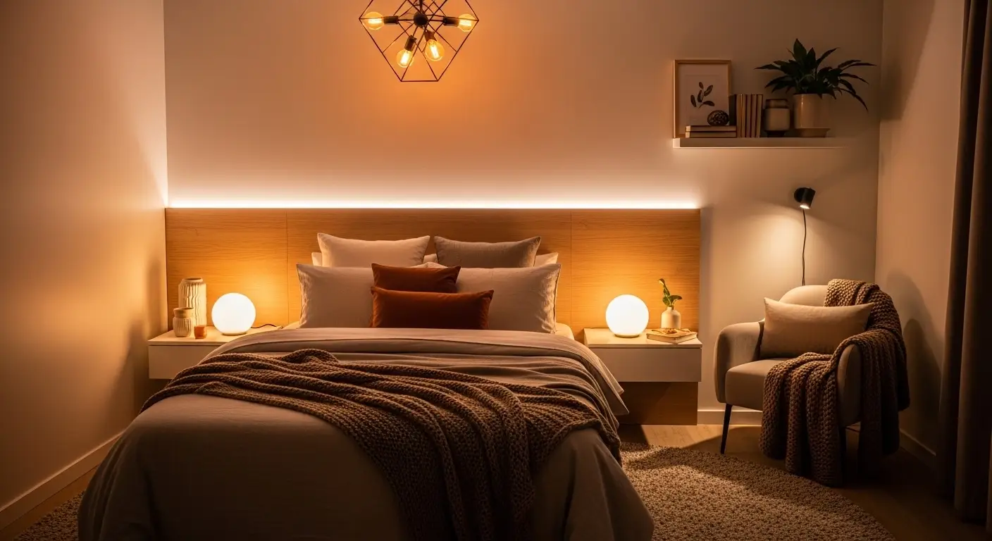 Cozy bedroom with warm ambient lighting and LED strip lights