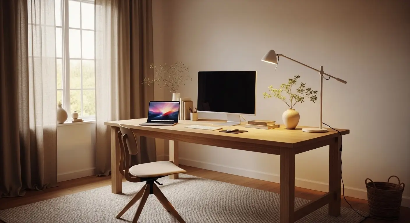 Cozy minimalist home office with wood desk, simple monitor setup, indoor plant, and soft lighting