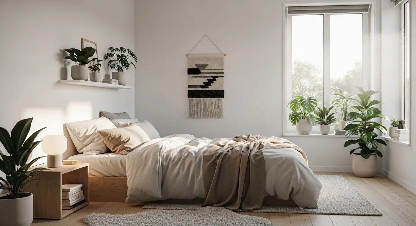 Cozy minimalist bedroom with plants, neutral bedding, and simple decor