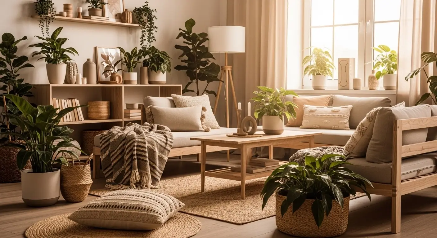 Modern eco-friendly living room with wooden furniture, plants, and soft natural lighting