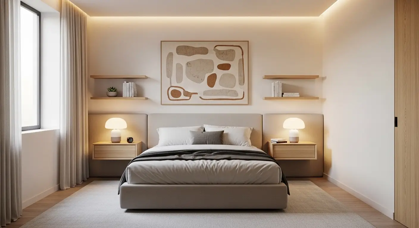 Floating bedside tables and wall shelves in a minimalist bedroom