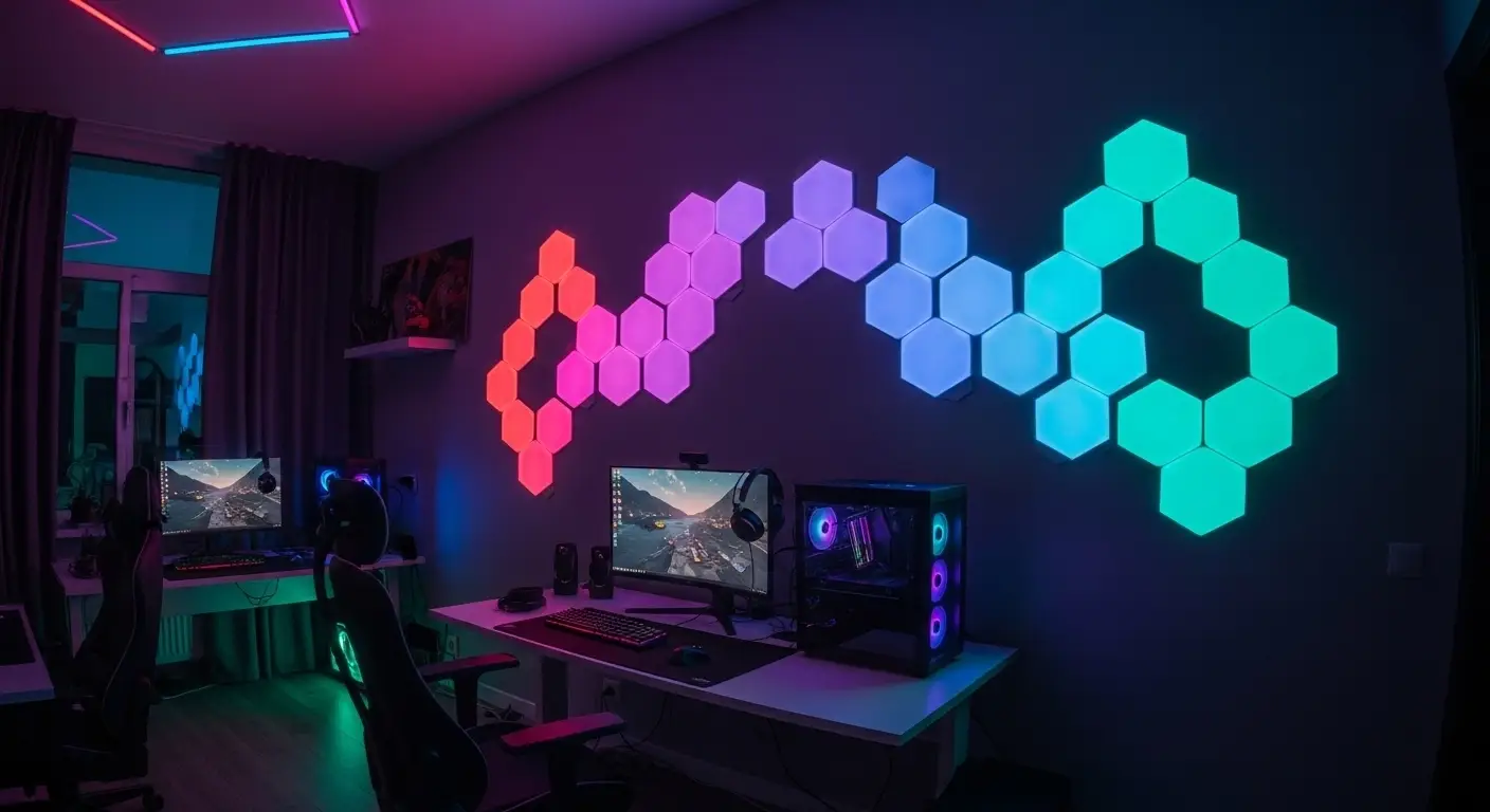 Hexagonal smart light panels on a modern wall