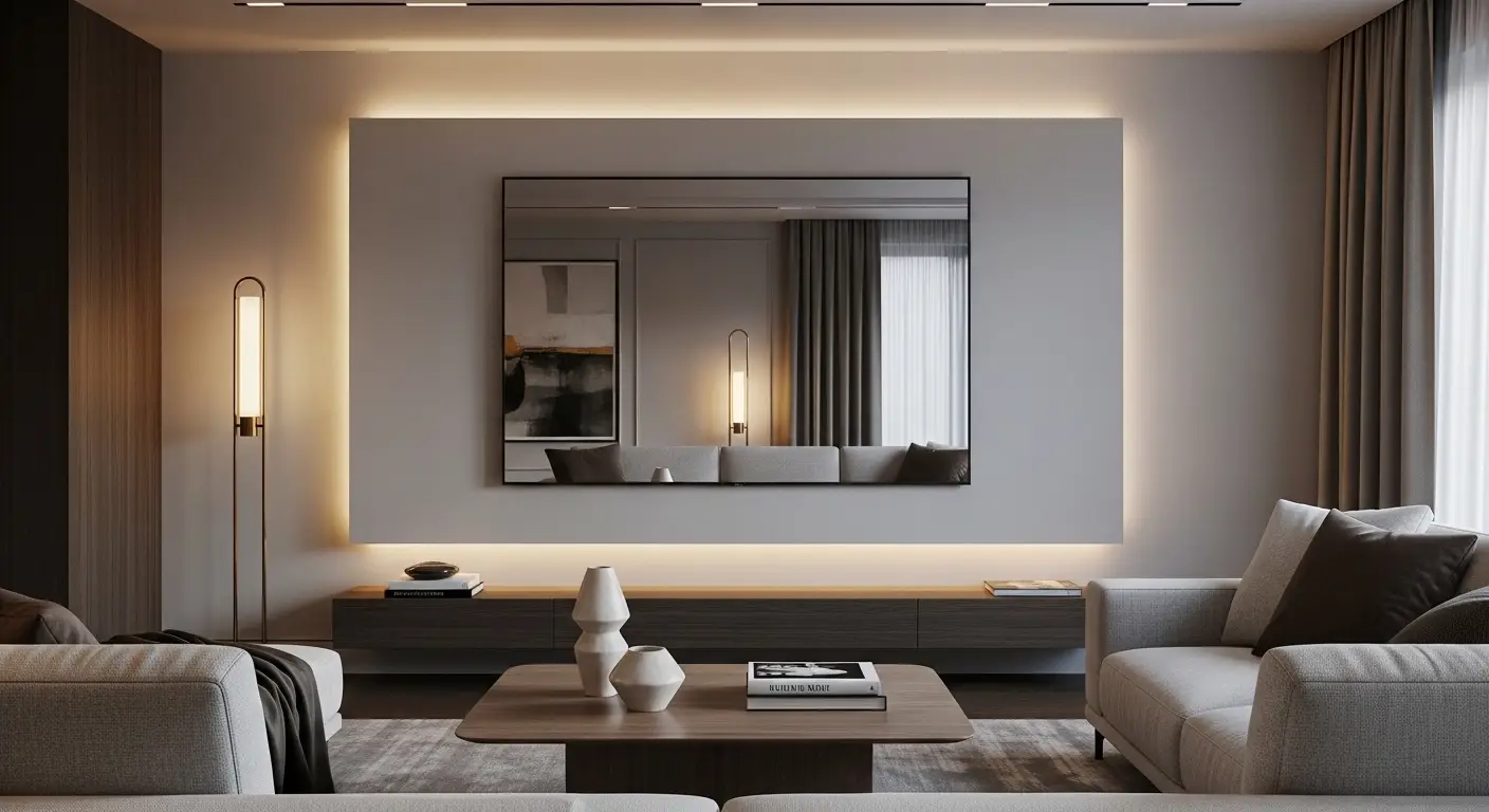 Elegant living room with mirror TV blending into wall design