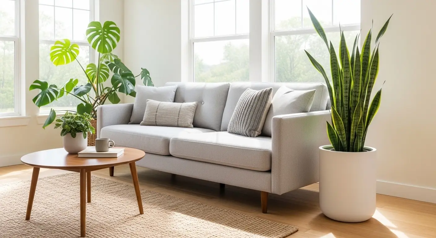 modern living room with large indoor plant near sofa