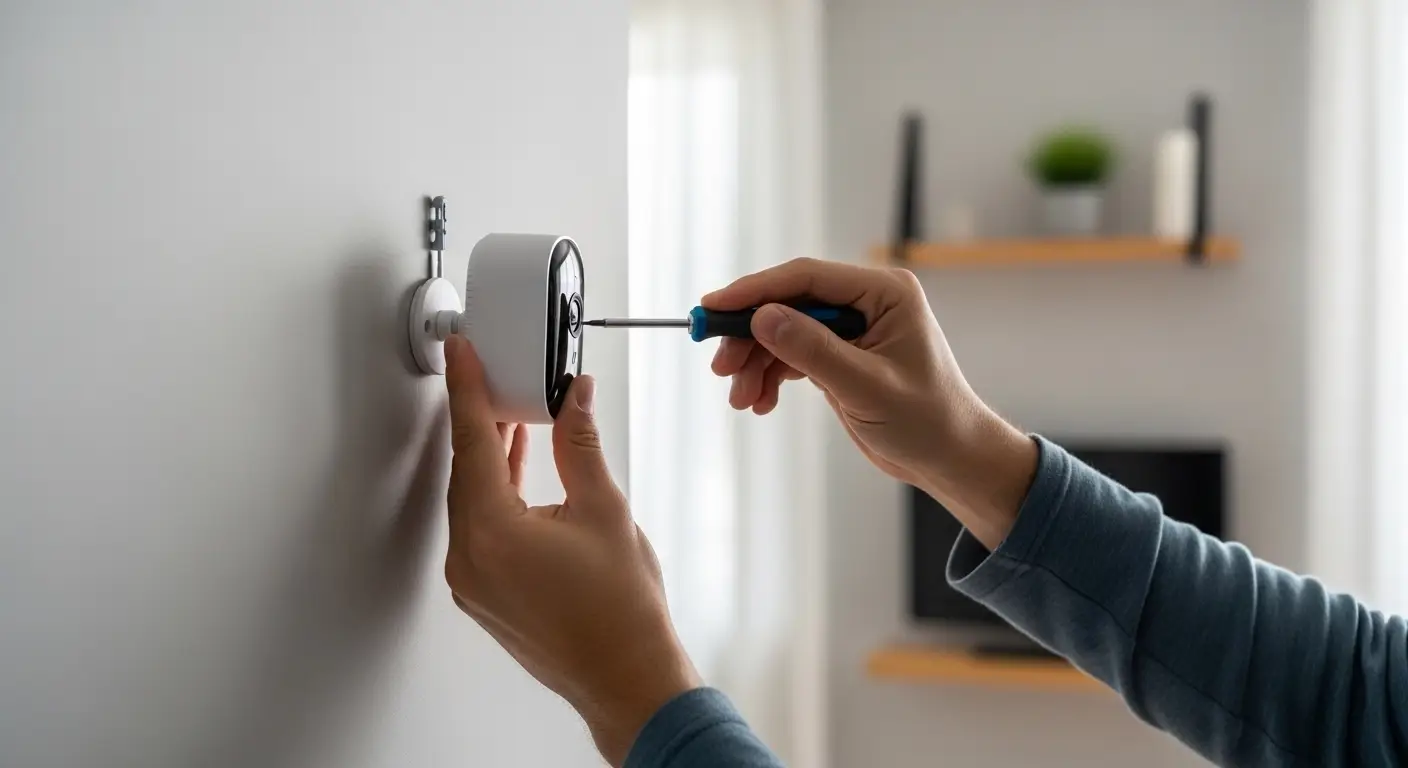 Modern smart camera placed stylishly in a minimalist home interior