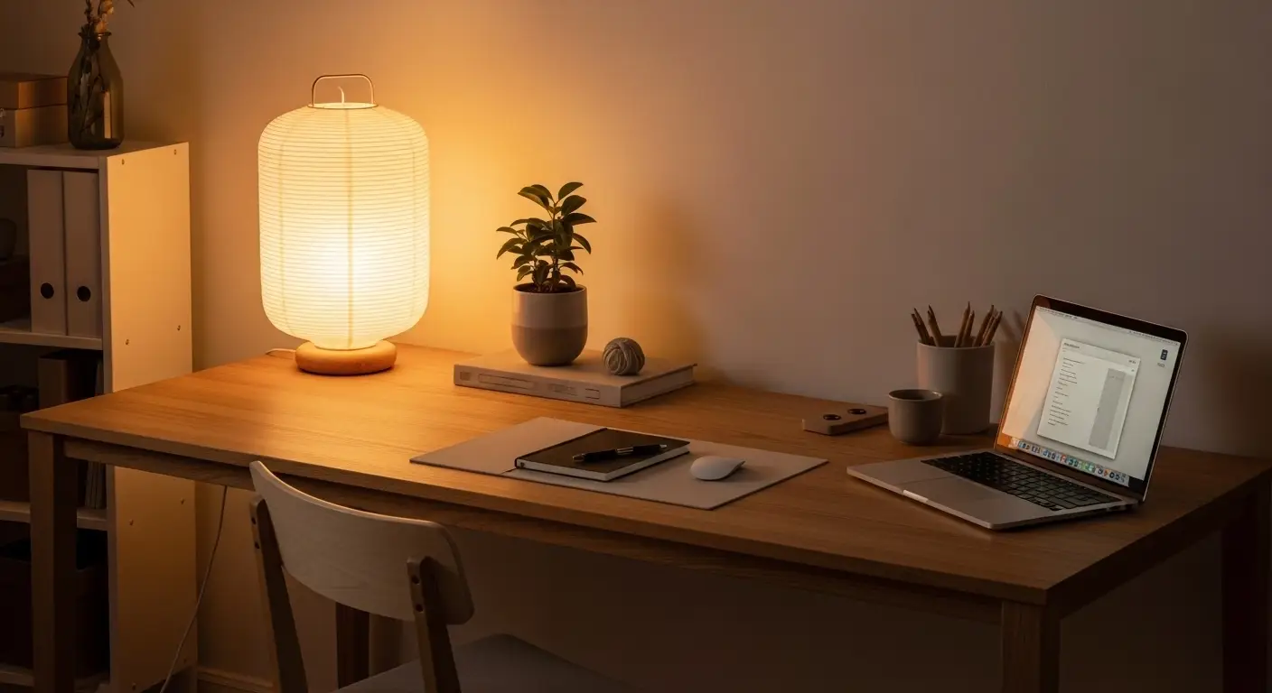 Japandi desk with warm desk lamp and soft ambient lighting