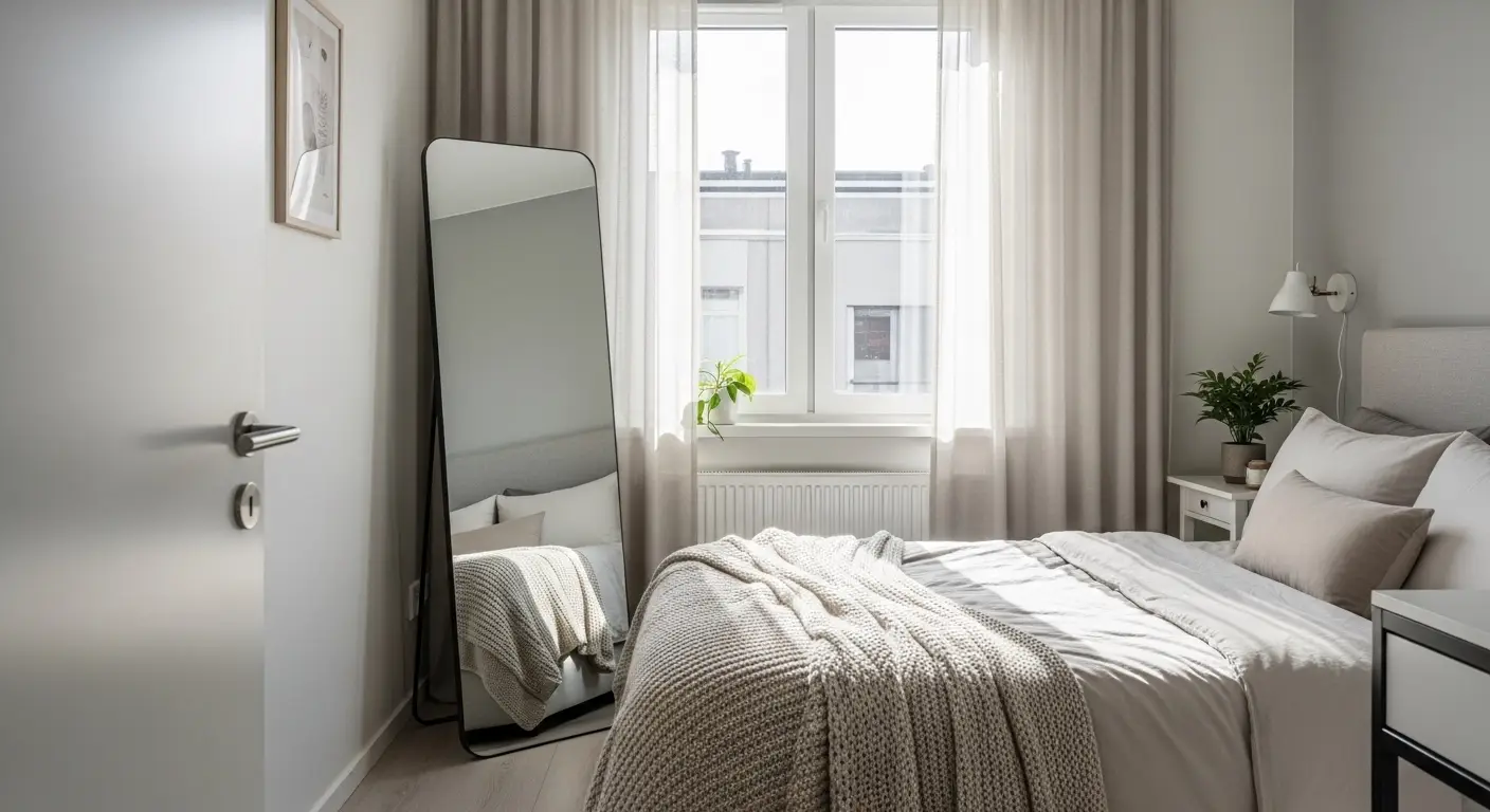 Large mirror placed opposite a window reflecting light across the bedroom