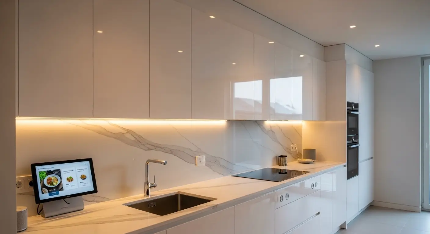LED strip lights under kitchen cabinets and along shelves