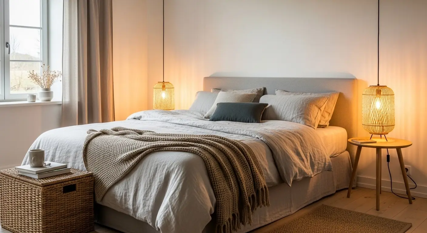 Modern minimalist bedroom with linen bedding