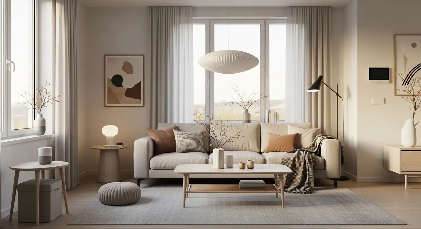 Minimal modern living room with rearranged sofa and coffee table layout