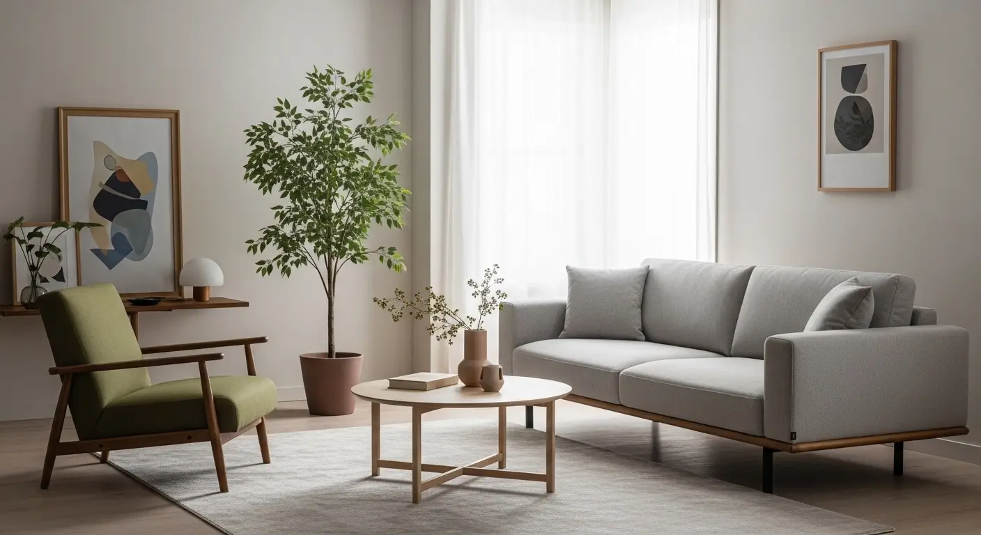 living room furniture arranged in balanced modern layout