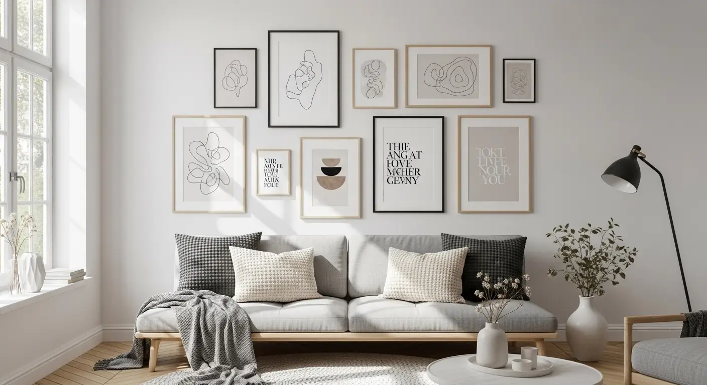 Stylish gallery wall with framed minimalist art