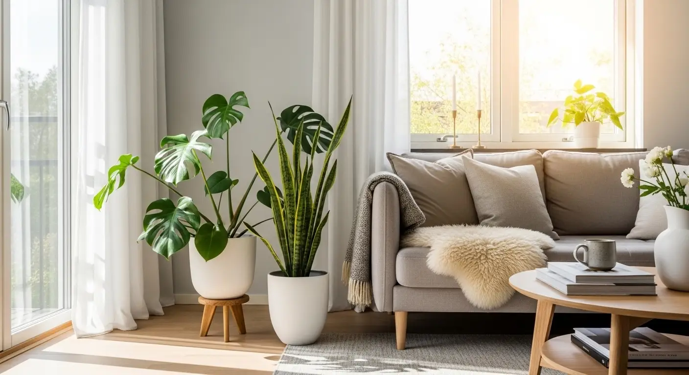 Cozy living room with indoor plants near sofa