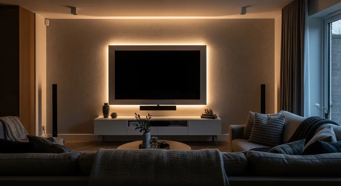 Cozy living room with LED strip lighting behind TV and shelves