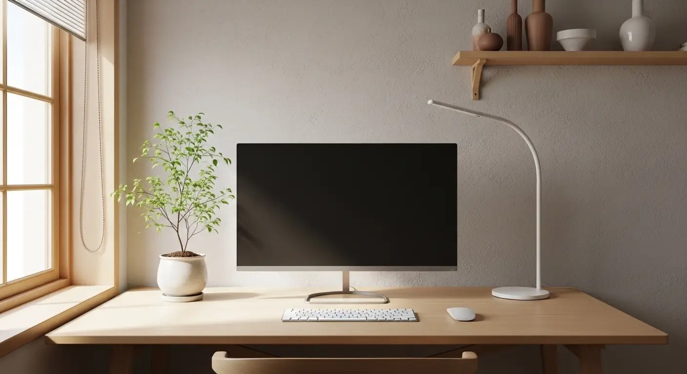 Minimal desk setup with small indoor plant and neutral decor