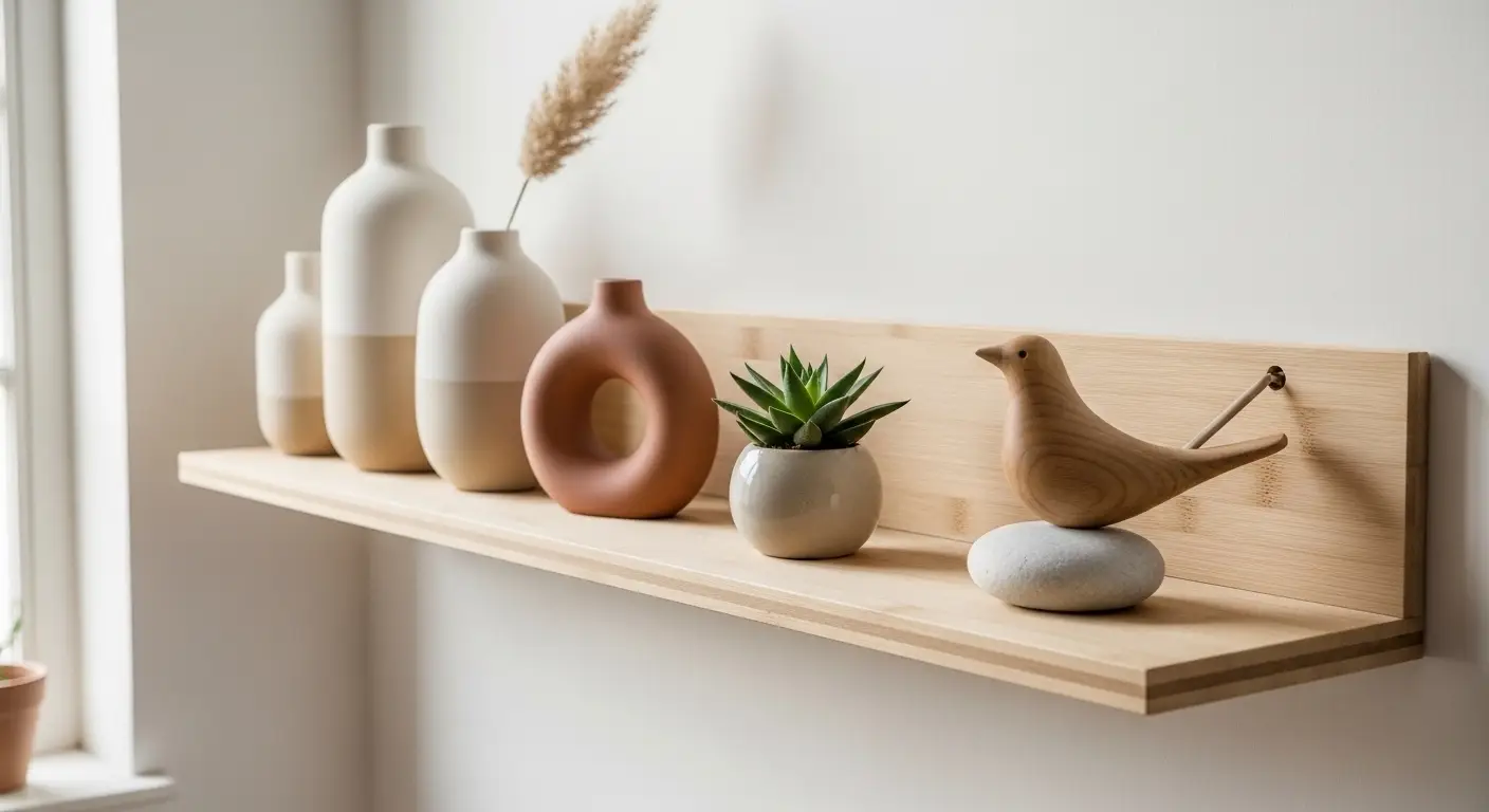 Minimalist eco-friendly home accessories on shelf