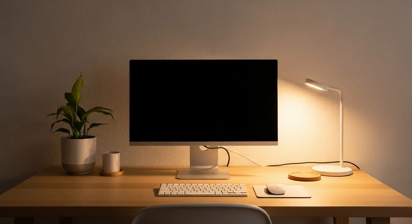 Minimal monitor setup with slim display and wooden monitor stand