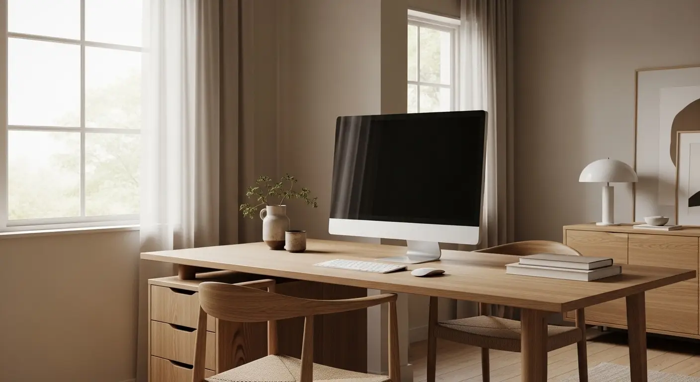 Minimal oak wood desk with clean workspace and neutral decor