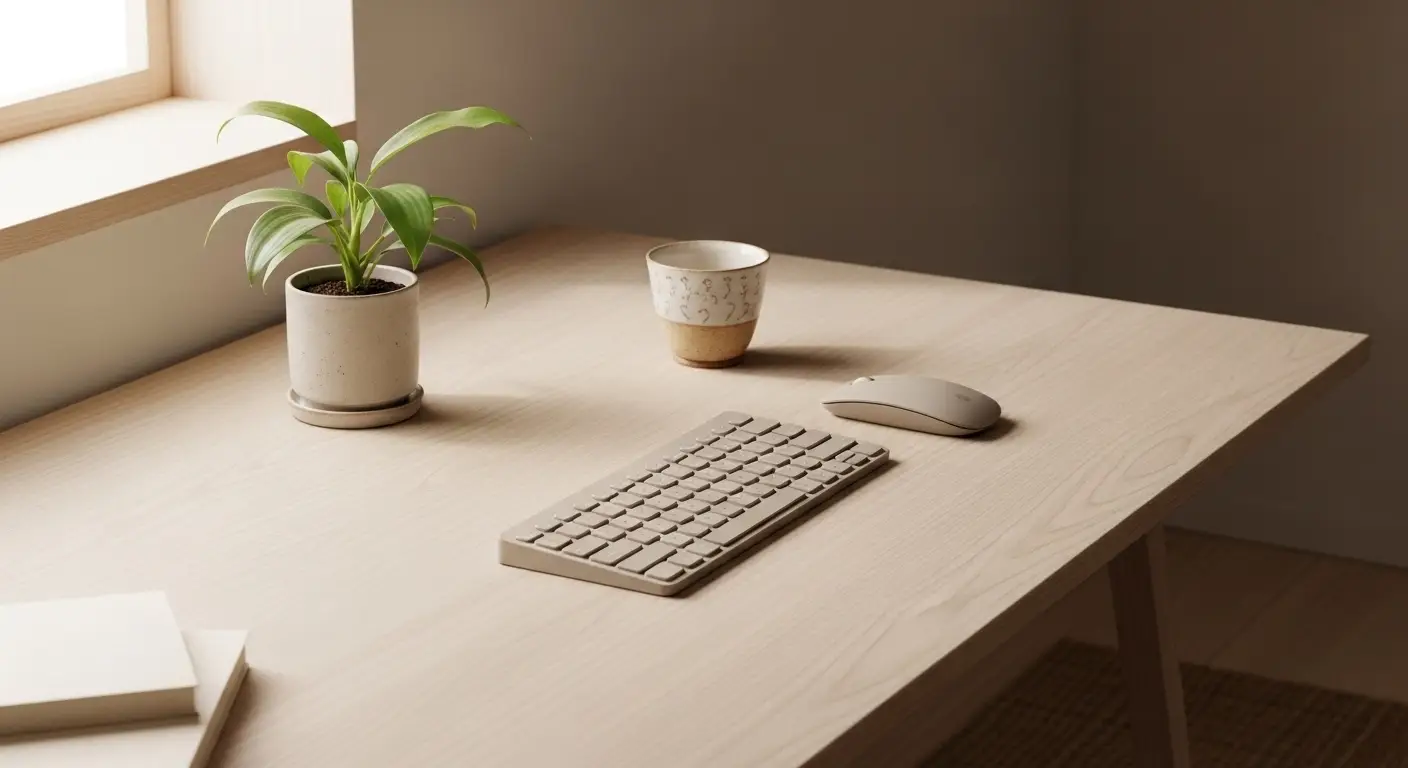 Minimal wireless keyboard and mouse setup on clean wooden desk