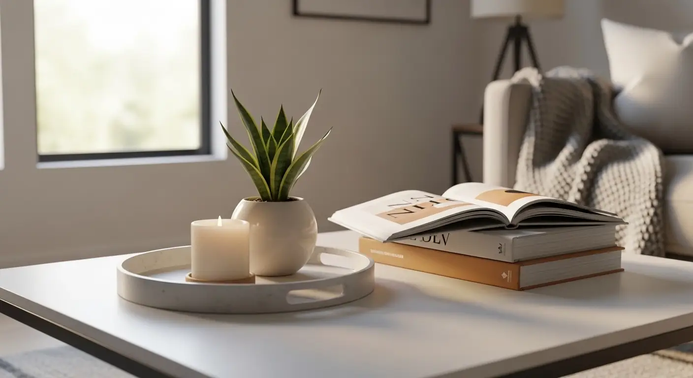 Minimalist coffee table with books, candles, and plant decor