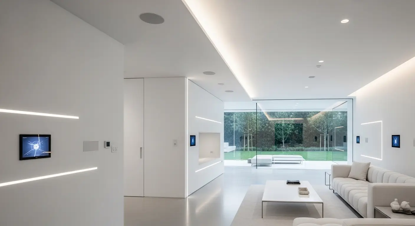 Minimalist room with hidden speakers, concealed lighting, and clean surfaces