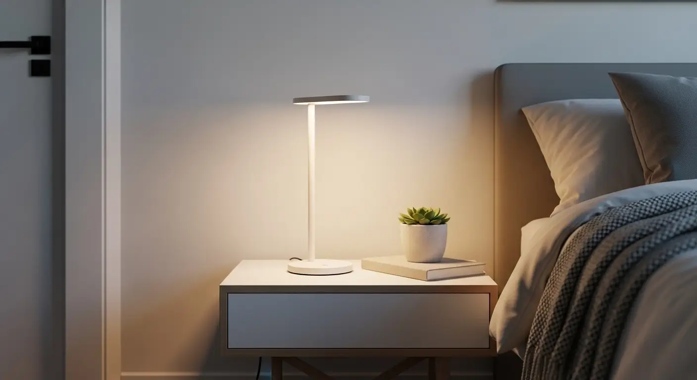 Minimalist smart lamp on bedside table glowing softly