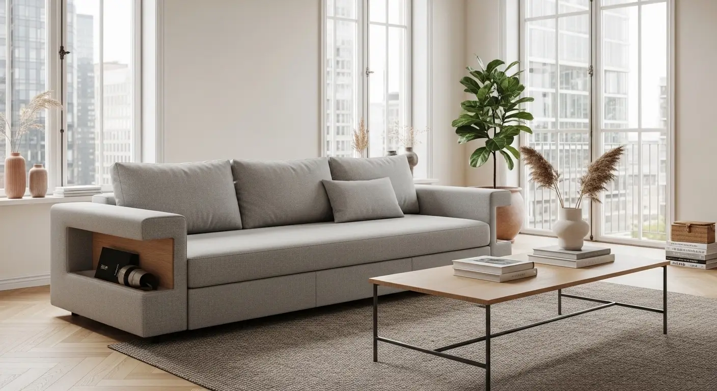 Minimalist sofa and coffee table with hidden storage compartments in a clean room setup
