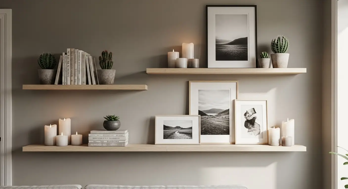 Modern floating shelves with plants, books, and small decor
