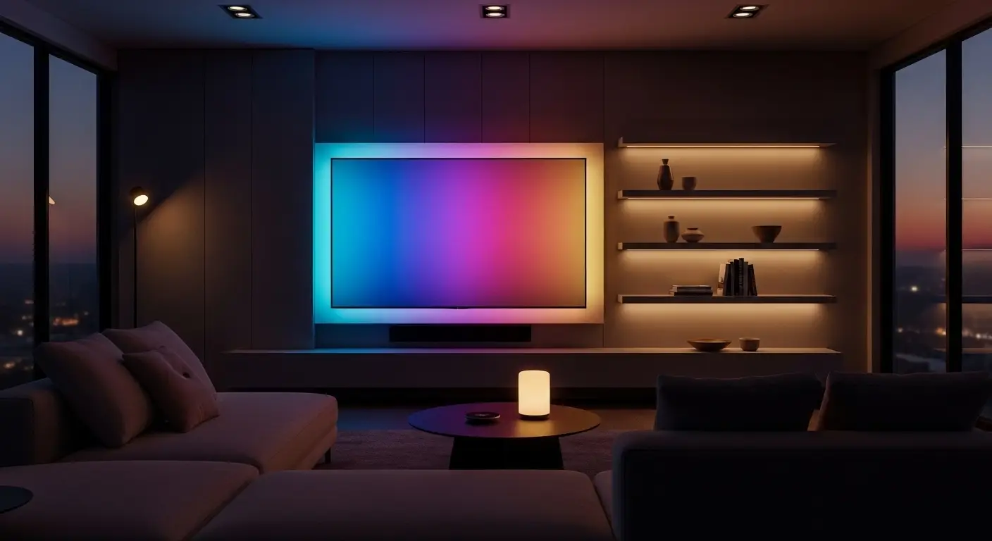LED ambient lighting behind TV and shelves creating a cozy glow