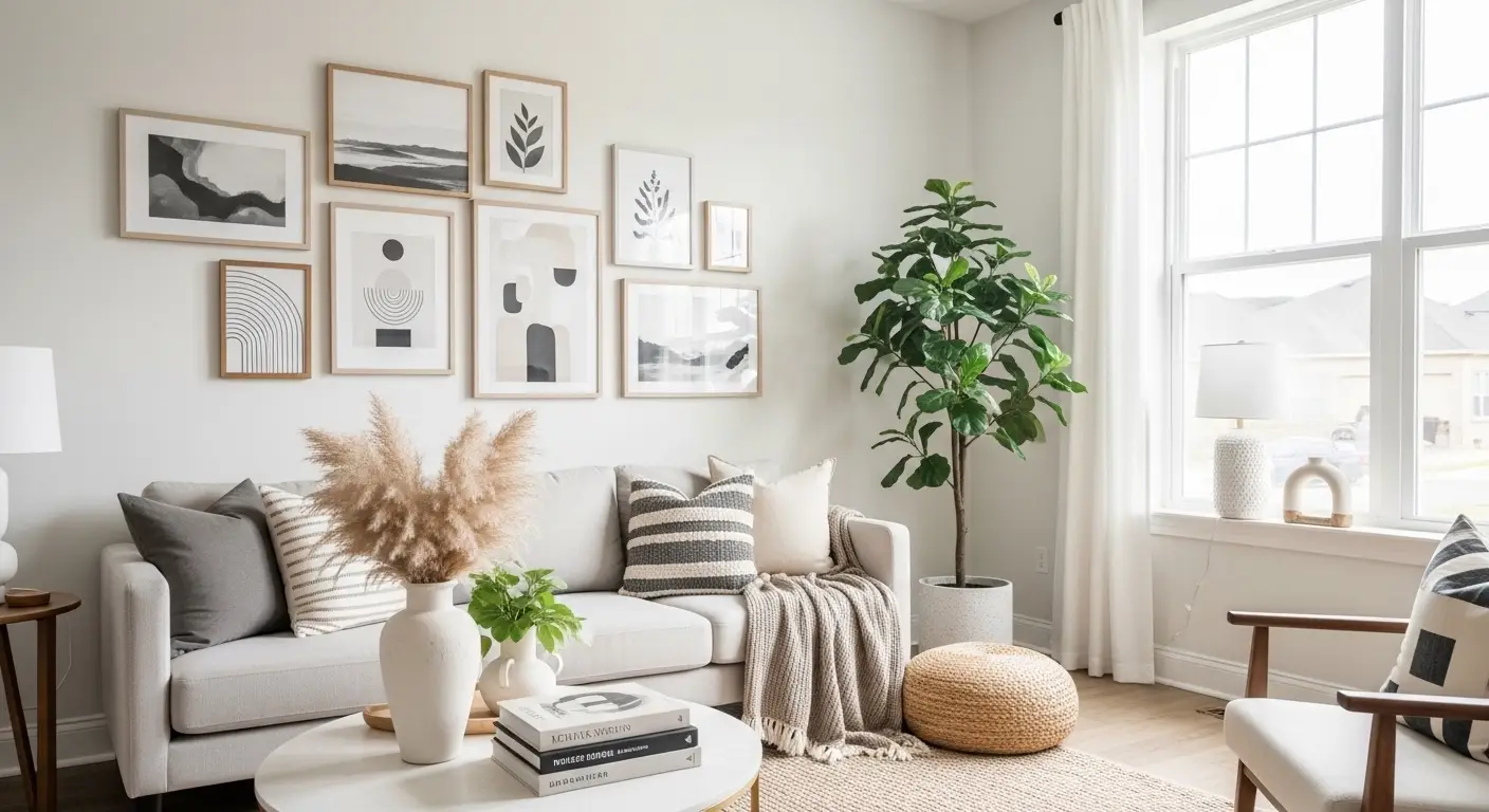 Gallery wall with modern frames and aesthetic prints