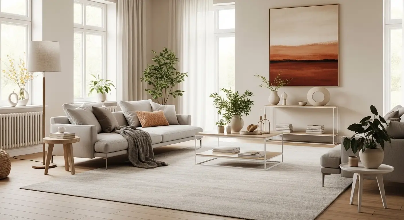 Modern living room rug with neutral tones and minimalist furniture