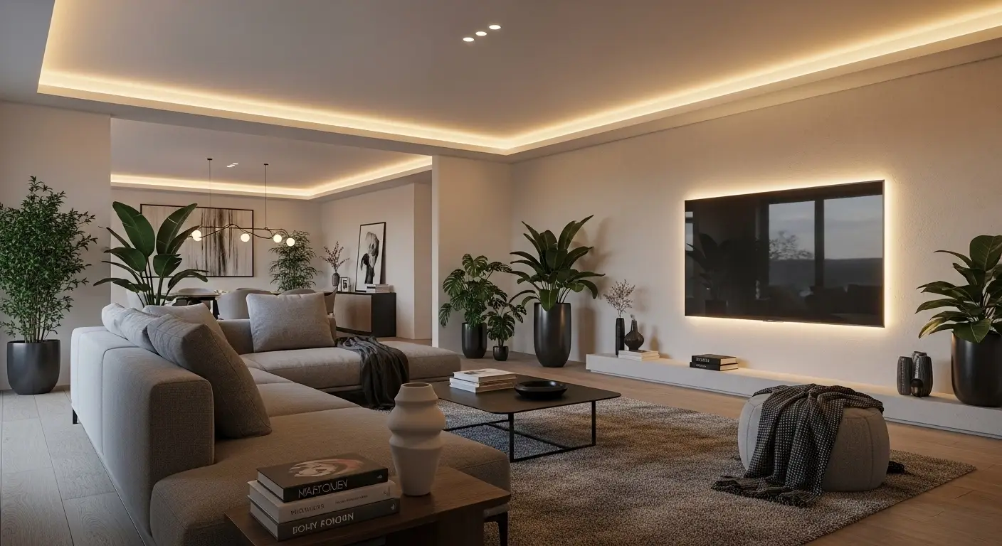 Stylish modern living room with smart lighting, cozy sofa, and aesthetic decor setup