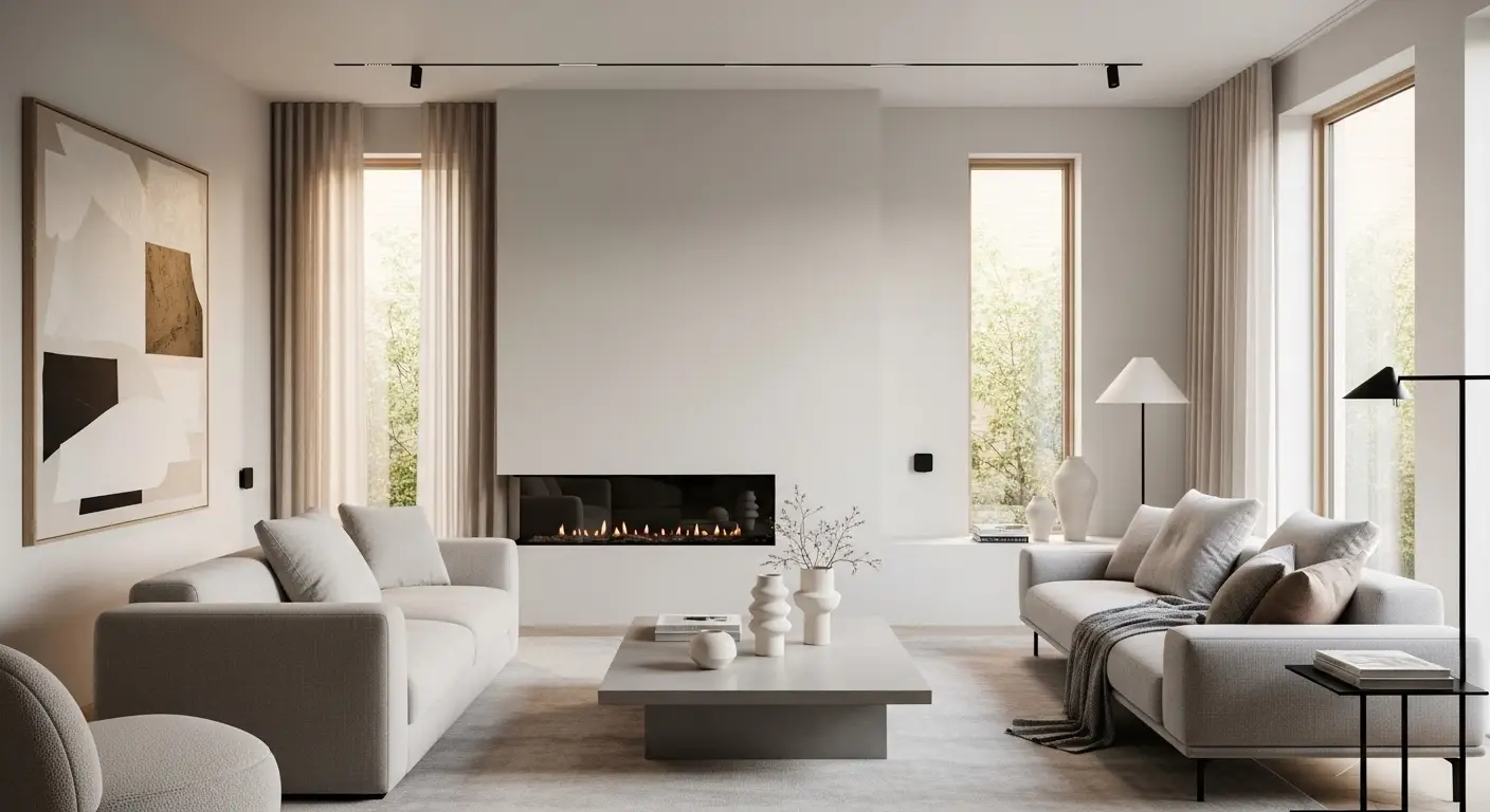 Modern minimalist living room with hidden smart devices and clean decor