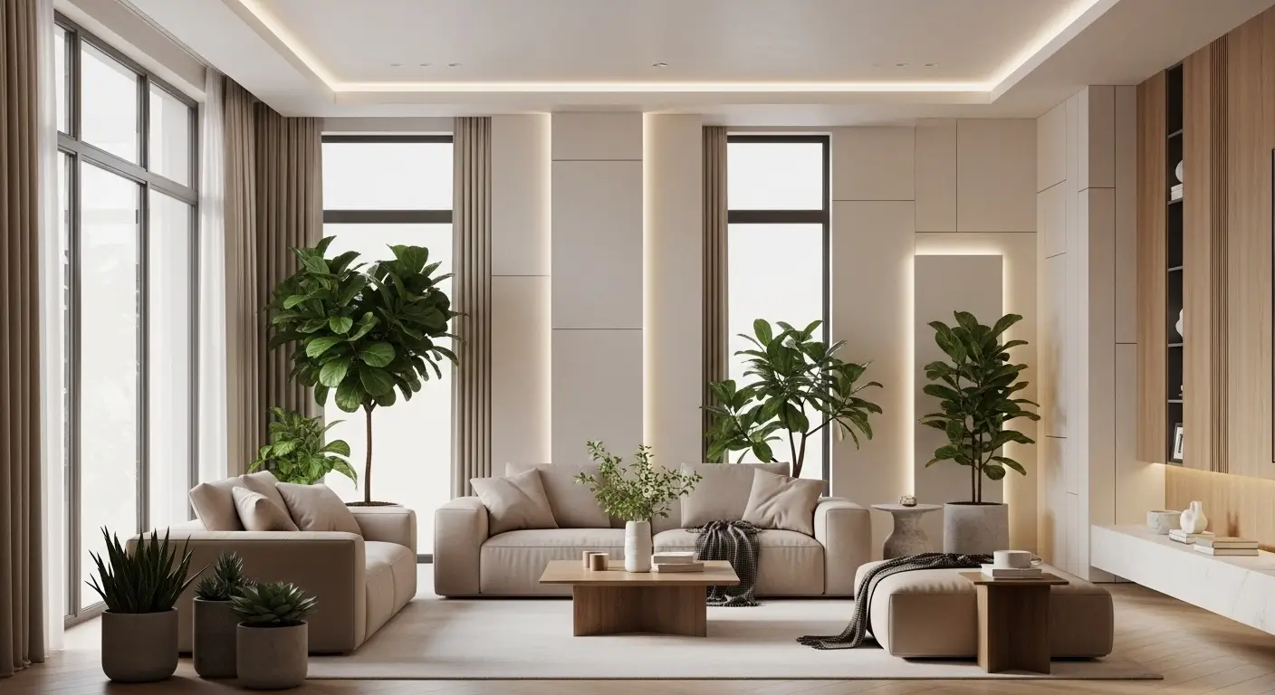 Modern minimalist living room with smart lighting, neutral tones, and cozy aesthetic