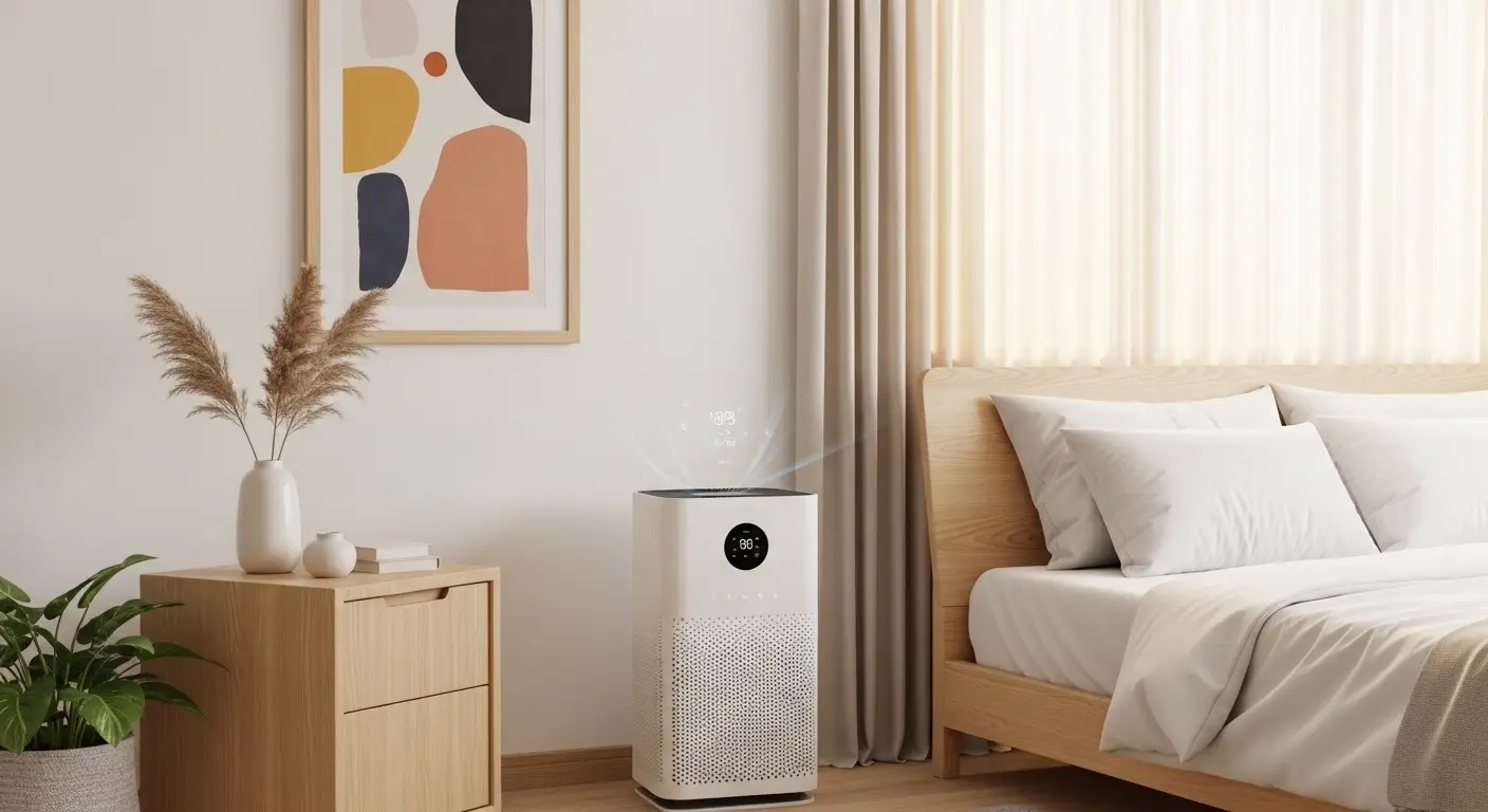 Modern air purifier placed in stylish bedroom corner