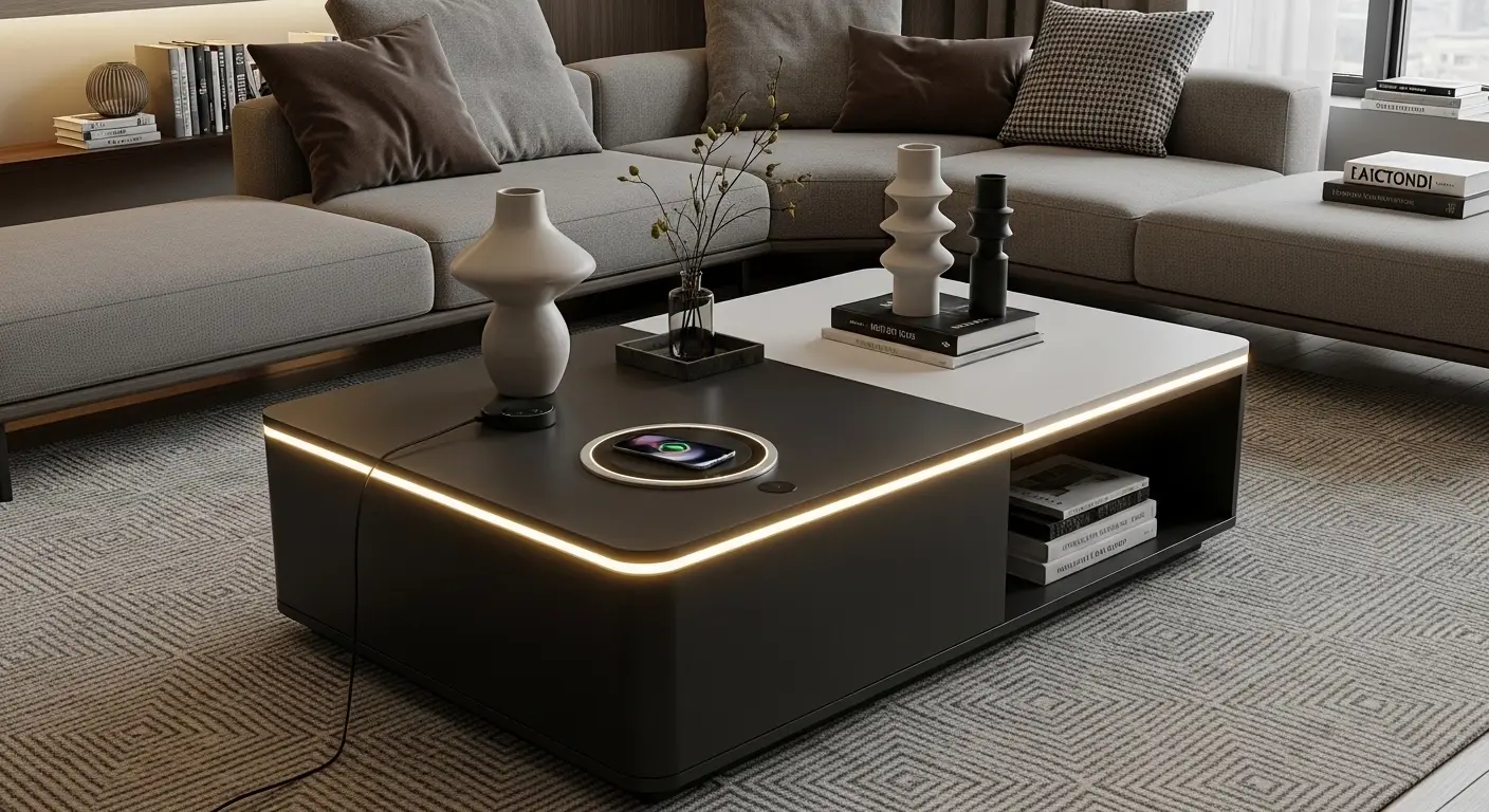 Modern smart coffee table with wireless charging and LED lighting