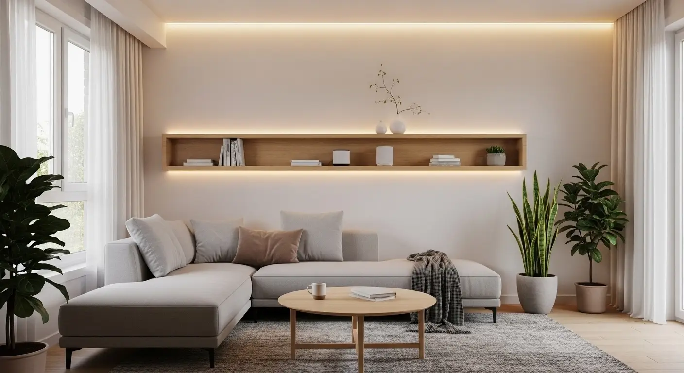 A modern minimalist living room with smart lighting, smart speakers, and stylish decor