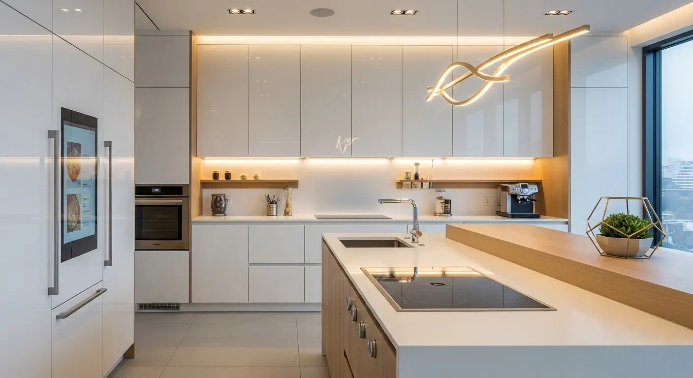Modern kitchen with smart appliances, clean counters, and soft lighting