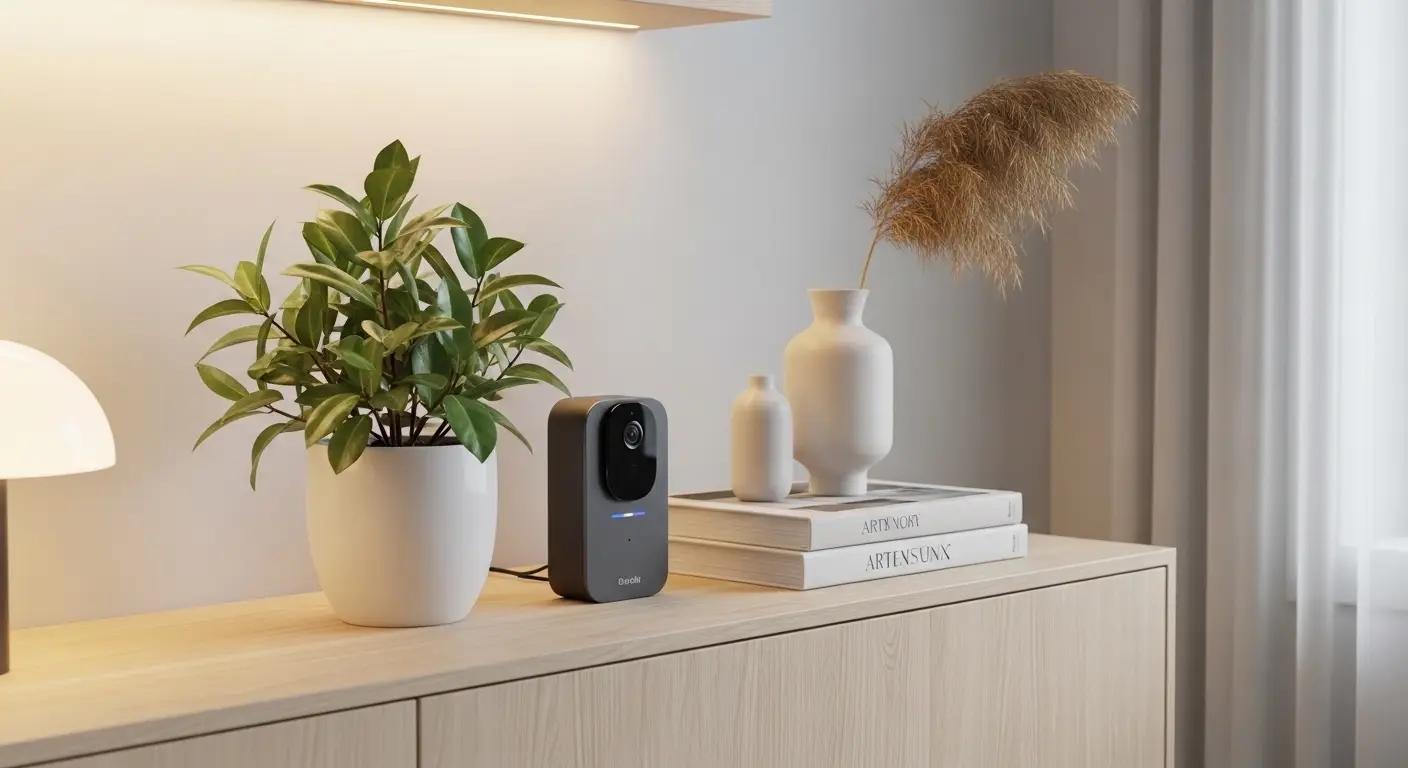 Modern smart camera placed stylishly in a minimalist home interior