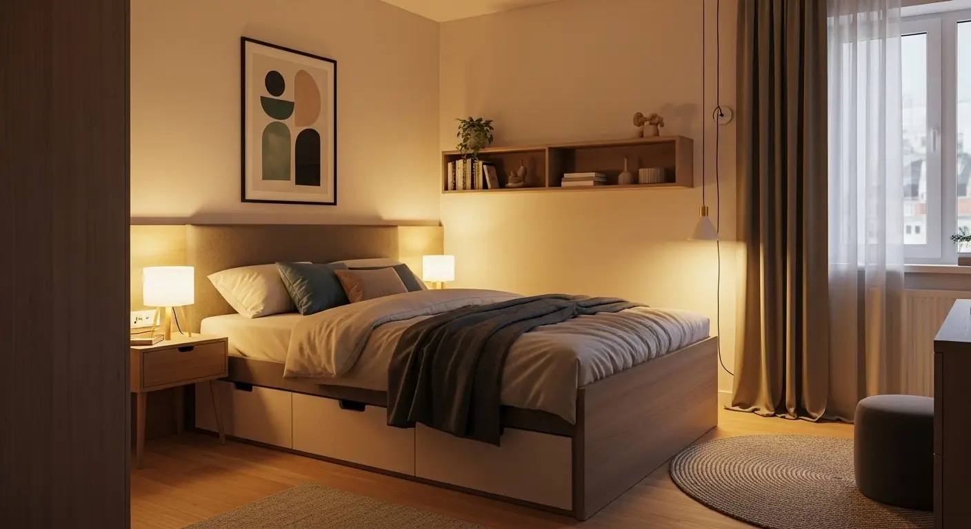 Modern bed with built-in storage drawers in a small bedroom