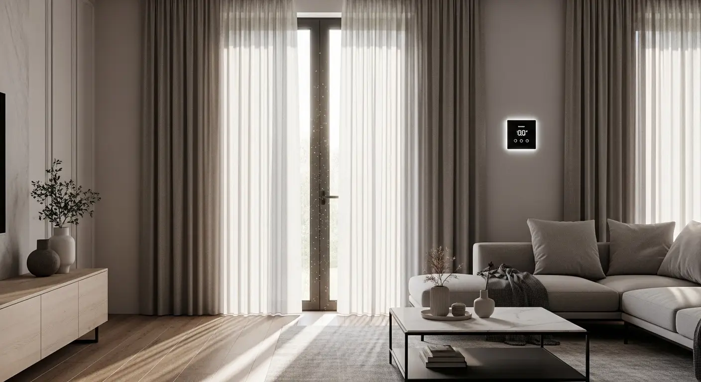 Motorized smart curtains opening automatically in a living room